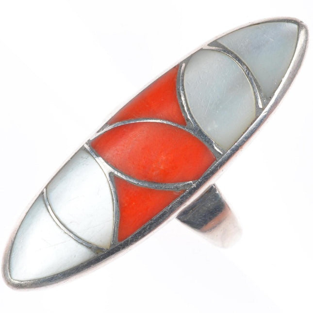sz6.5 Vintage Zuni sterling silver coral/shell abstract inlay long ring