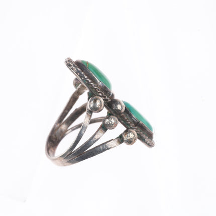 sz6 30's-40's Vintage Navajo sterling silver twisted wire bezel 2 turquoise ring
