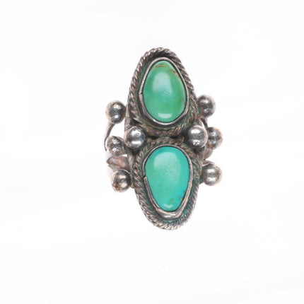 sz6 30's-40's Vintage Navajo sterling silver twisted wire bezel 2 turquoise ring
