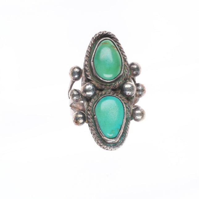 sz6 30's-40's Vintage Navajo sterling silver twisted wire bezel 2 turquoise ring