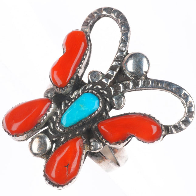 sz6 Vintage Navajo sterling silver turquoise and coral figural butterfly ring