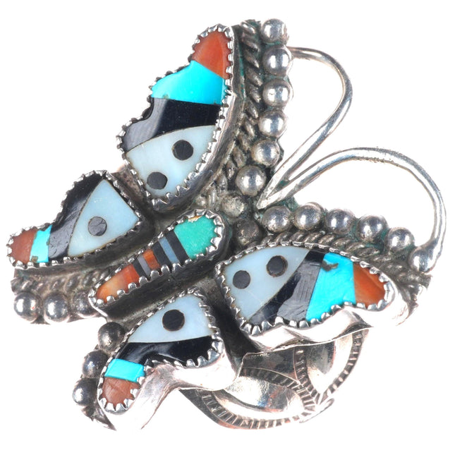 sz8 1940's Zuni sterling silver turquoise/spiny oyster inlaid butterfly ring