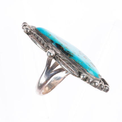 sz10.5 Huge Vintage Navajo sterling silver feather bezel ring with turquoise