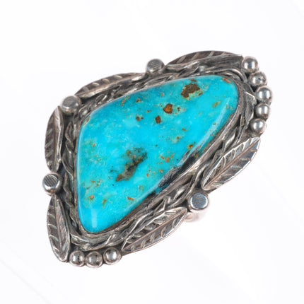sz10.5 Huge Vintage Navajo sterling silver feather bezel ring with turquoise