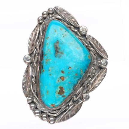 sz10.5 Huge Vintage Navajo sterling silver feather bezel ring with turquoise