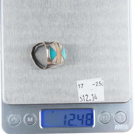 sz9 Vintage Navajo sterling silver turquoise/shell inlay men's ring