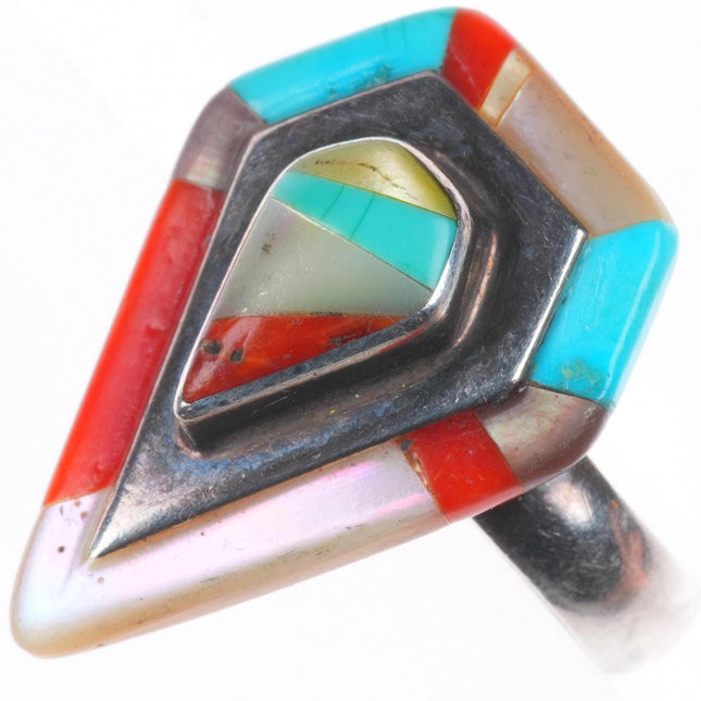 sz8 Vintage Native American sterling silver coral/turquoise/shell inlay ring