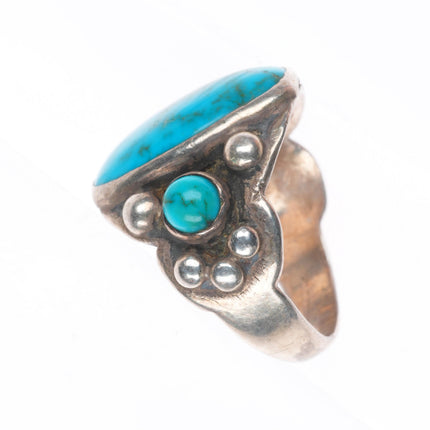 sz7 20's-30's Antique Navajo ingot silver high grade turquoise 3 stone ring