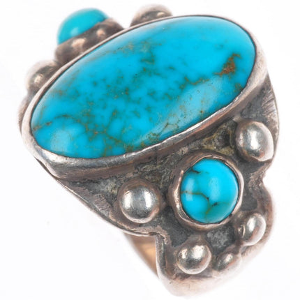 sz7 20's-30's Antique Navajo ingot silver high grade turquoise 3 stone ring