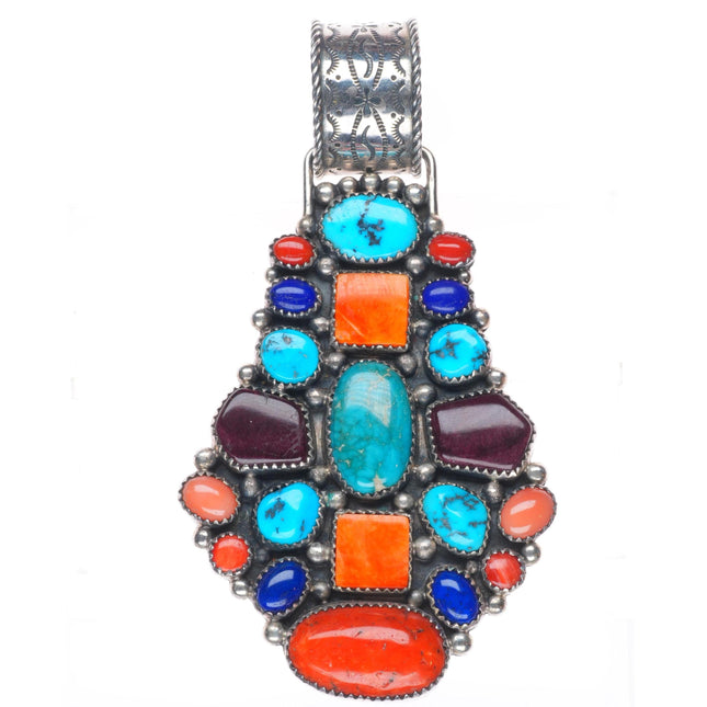 Large L.T. Chee Navajo sterling silver turquoise, spiny oyster, lapis pendant