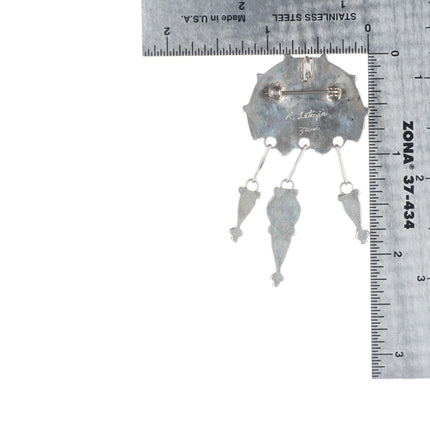 Ricky Latyice Zuni sterling silver sunface dangly pendant turquoise/coral inlay