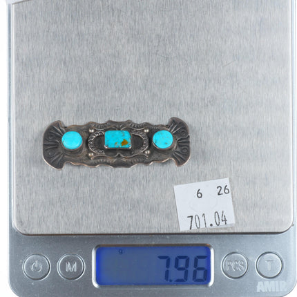 30's-40's Vintage Navajo sterling silver 3 stone turquoise pin/brooch