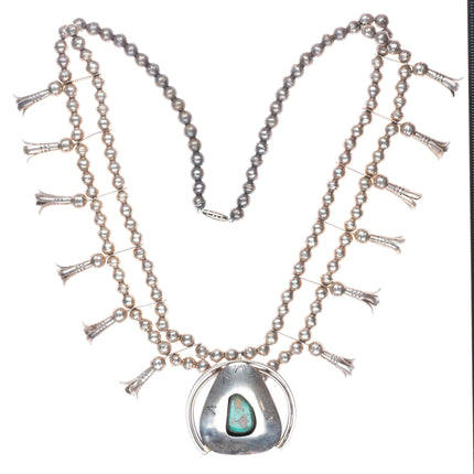 Vintage Navajo shadowbox sterling silver turquoise squash blossom necklace