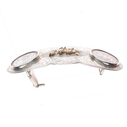 Huge Vintage Hand engraved sterling 2 silver dollar horse bust belt  buckle