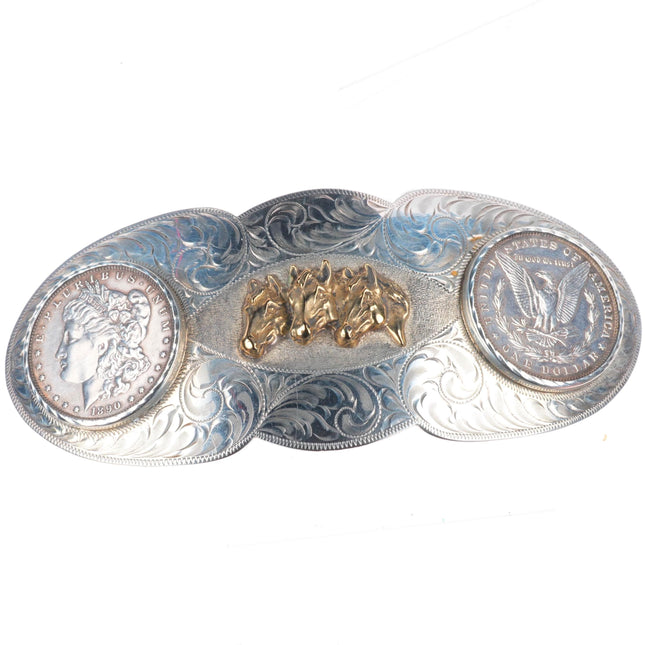Huge Vintage Hand engraved sterling 2 silver dollar horse bust belt  buckle
