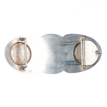 Huge Vintage Hand engraved sterling 2 silver dollar horse bust belt  buckle