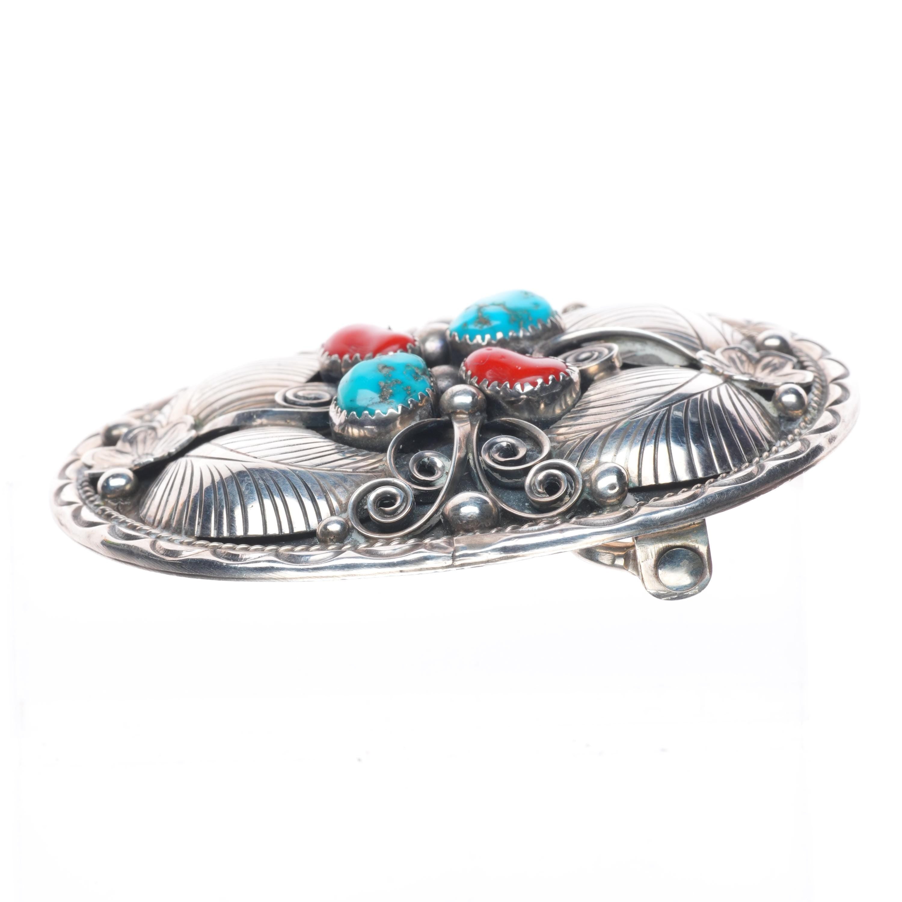 VINTAGE J. TOADLENA STERLING SILVER, TURQUOISE NAVAJO BELT BUCKLE Chimayo Trading Navajo Rugs Pueblo Pottery Fine ArtTurquoise  main image 2
