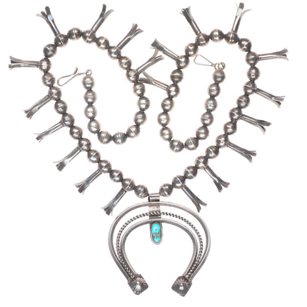 c1940's Vintage Navajo sterling silver squash blossom necklace with turquoise