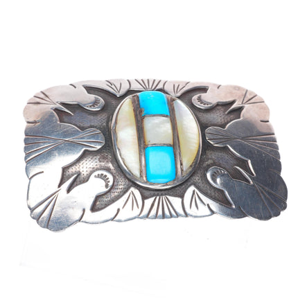 LB Tom Vintage Navajo sterling silver turquoise/shell inlay belt buckle