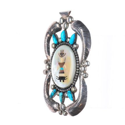 Huge vintage Zuni sterling silver mother of pearl intarsia inlay dancer pendant