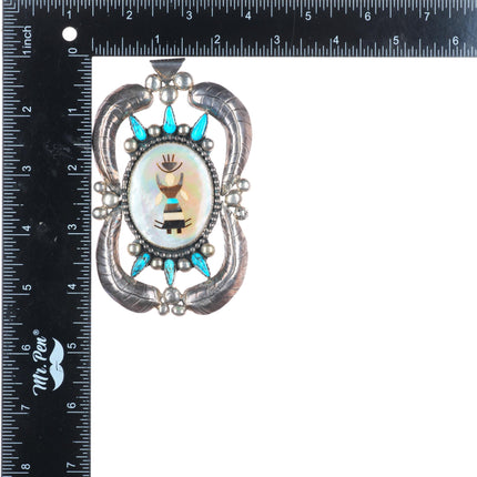 Huge vintage Zuni sterling silver mother of pearl intarsia inlay dancer pendant
