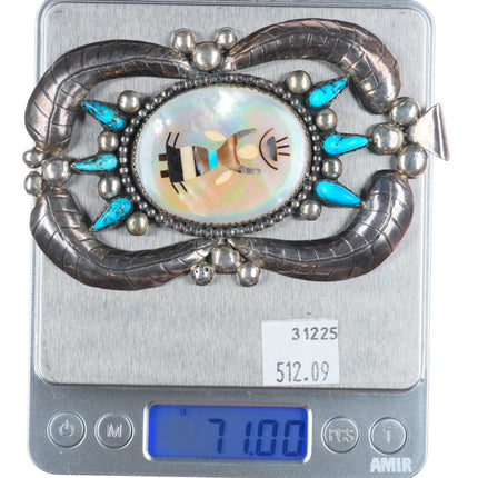 Huge vintage Zuni sterling silver mother of pearl intarsia inlay dancer pendant