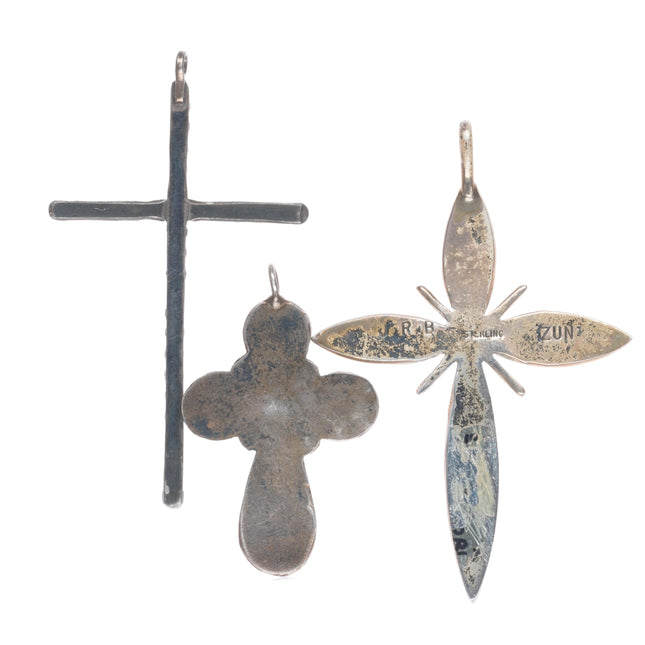 3 vintage Zuni Dishta, Bowannie turquoise/coral sterling silver cross pendants