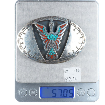 J Franklin Navajo sterling silver chip inlay peyote bird belt buckle