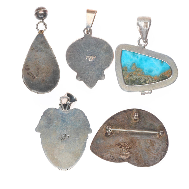 5 Vintage Southwestern/Mexican sterling silver multi-stone necklace pendants