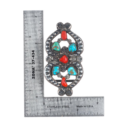 c1950's Zuni sterling silver belt buckle with nice turquoise and coral