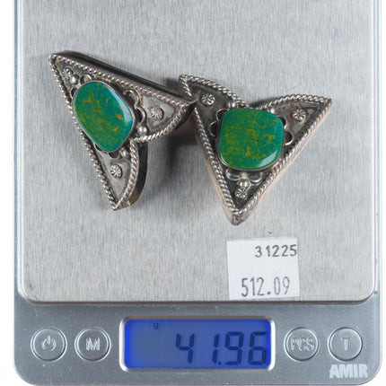 Large Vintage Mike Platero Navajo sterling silver green turquoise collar tips