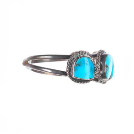 6" c1960's sterling silver turquoise row cuff bracelet with rope bezels