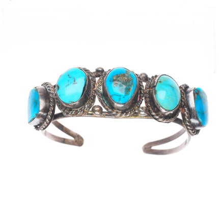 6" c1960's sterling silver turquoise row cuff bracelet with rope bezels