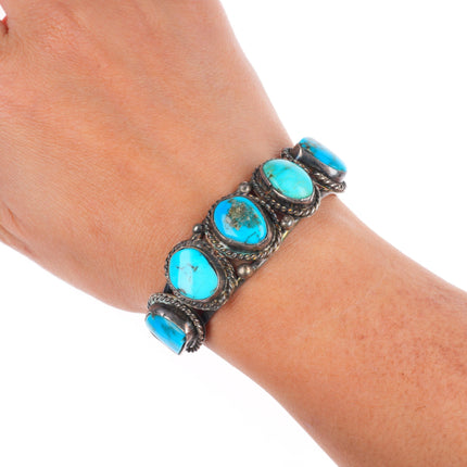 6" c1960's sterling silver turquoise row cuff bracelet with rope bezels