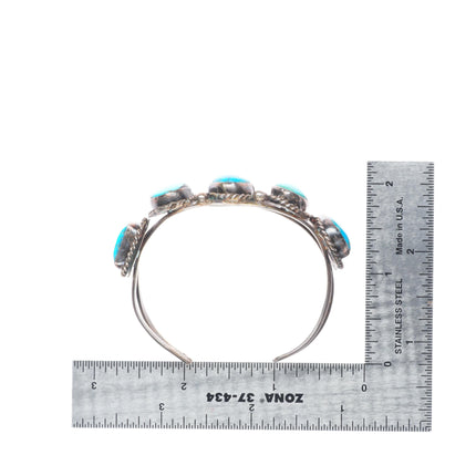 6" c1960's sterling silver turquoise row cuff bracelet with rope bezels