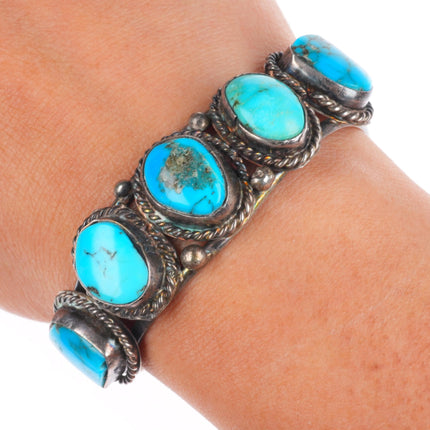 6" c1960's sterling silver turquoise row cuff bracelet with rope bezels