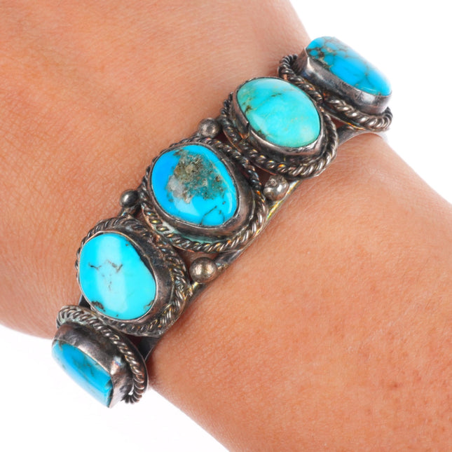 6" c1960's sterling silver turquoise row cuff bracelet with rope bezels