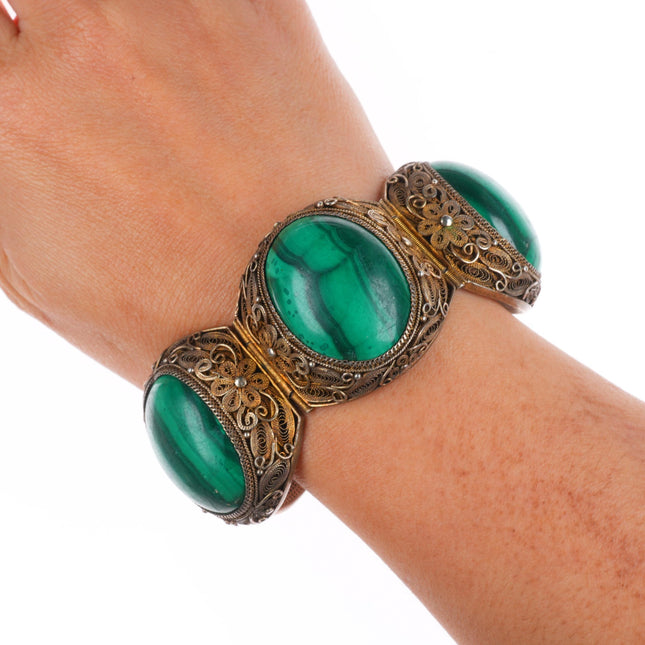 7" Big vintage c1940's vintage Chinese sterling silver filigree malachite link bracelet