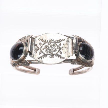 6" Vintage 1940's Navajo sterling silver petrified wood watch cuff bracelet