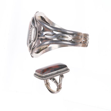 sz5 ring 6" cuff bracelet 1940 Garden of the Gods/Navajo petrified wood sterling