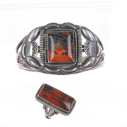sz5 ring 6" cuff bracelet 1940 Garden of the Gods/Navajo petrified wood sterling