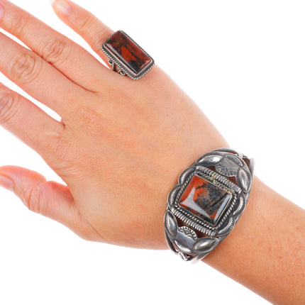 sz5 ring 6" cuff bracelet 1940 Garden of the Gods/Navajo petrified wood sterling