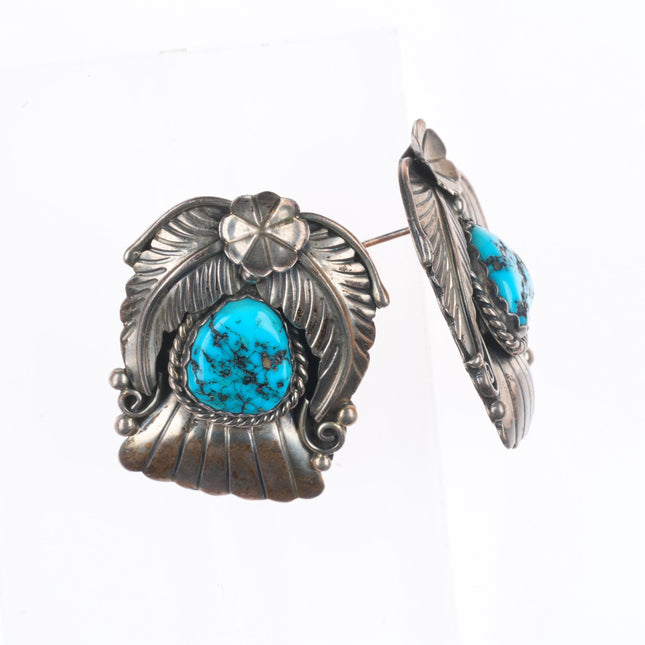 Large Vintage Navajo sterling silver feather decorated turquoise earrings