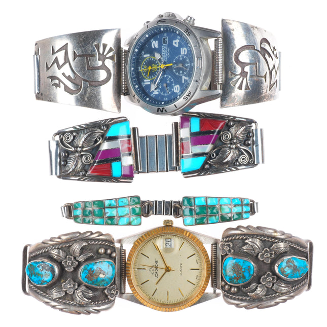 Vintage Navajo/Zuni sterling silver watch tips Morency, channel inlay, lot