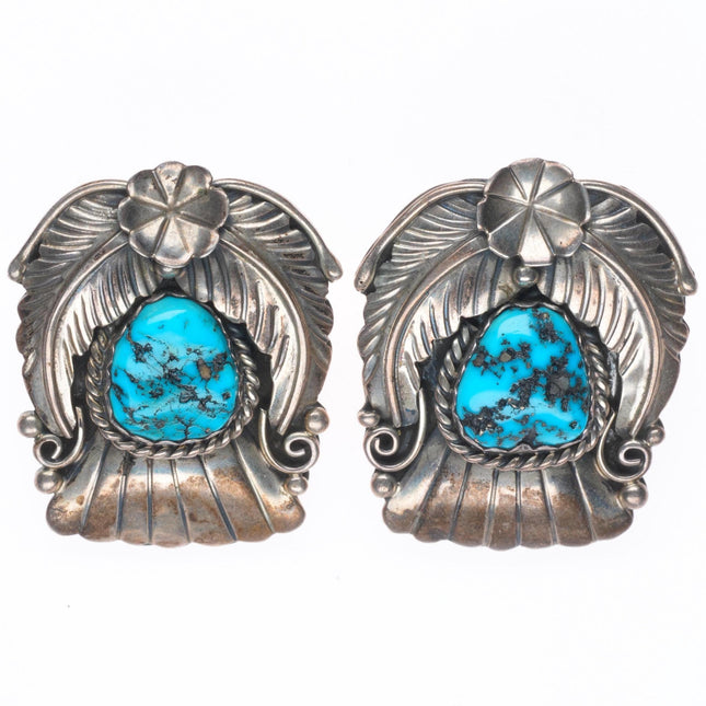 Large Vintage Navajo sterling silver feather decorated turquoise earrings