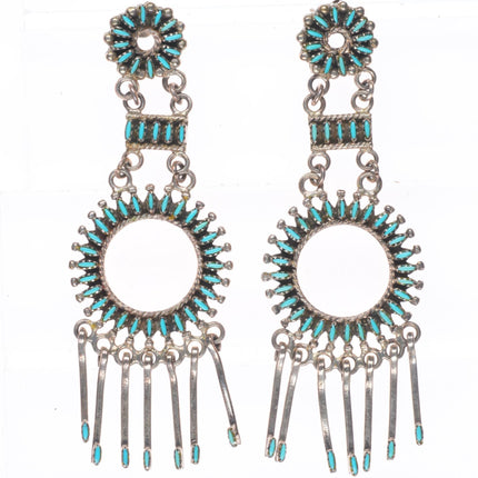 Large Vintage Zuni sterling silver needlepoint turquoise long dangle earrings
