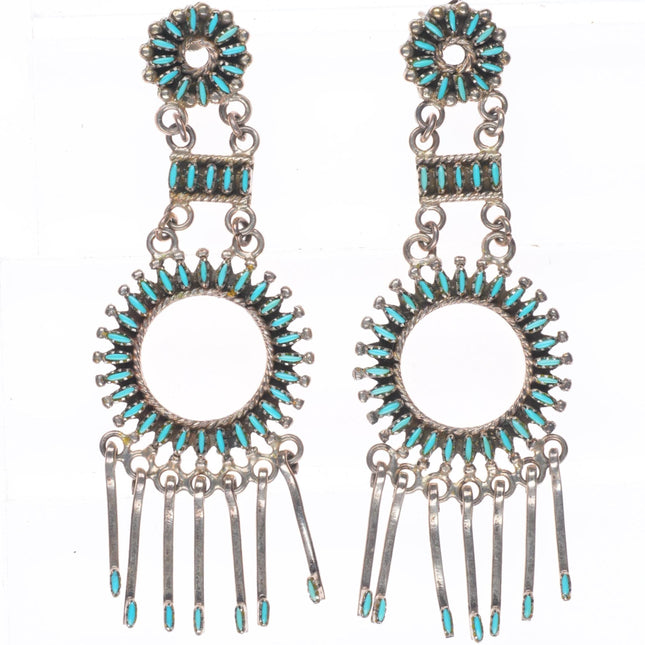 Large Vintage Zuni sterling silver needlepoint turquoise long dangle earrings