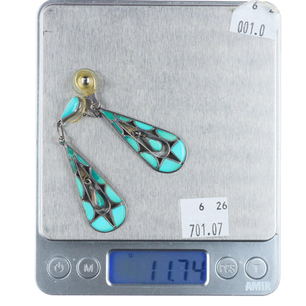 Large Vintage Zuni sterling silver channel inlay turquoise dangly long earrings