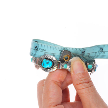 7" Vintage Navajo hand stamped sterling silver shadowbox turquoise link bracelet