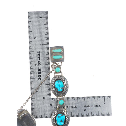 7" Vintage Navajo hand stamped sterling silver shadowbox turquoise link bracelet